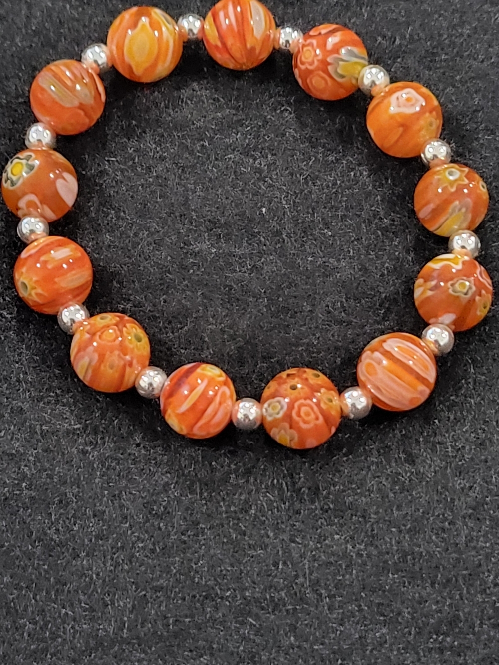 Brand New Millefiori Orange Floral Glass Bead Stretch Bracelet